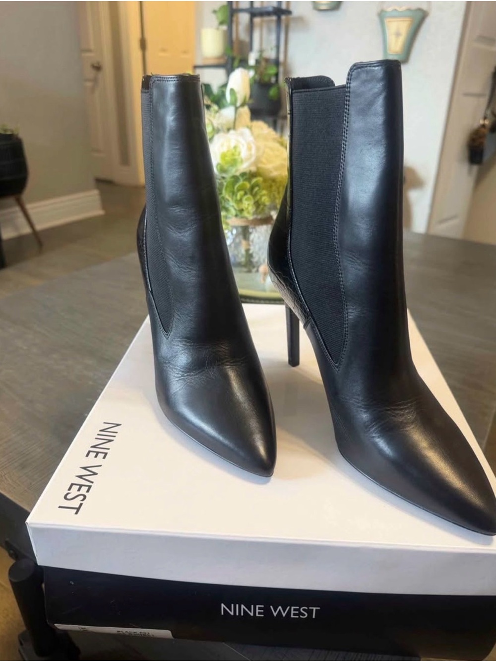 Nine West Black Leather Pointed Stiletto Booties